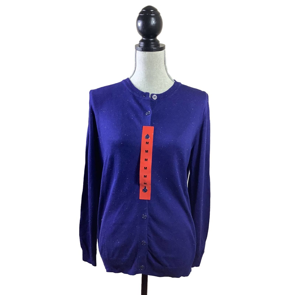 Nicole Miller Original Womens Metallic Yarn Cardigan Cobalt Blue Size Medium NEW